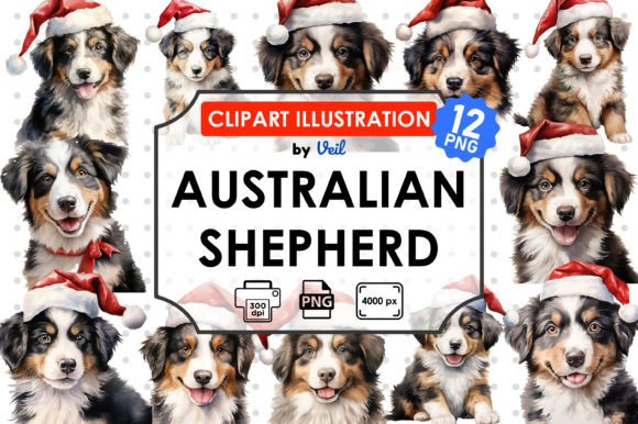 Christmas Australian Shepherd Clipart for Modern Illustrations