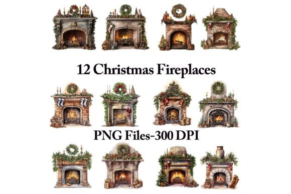 Christmas Fireplace Mantle Clipart Set for Illustrations