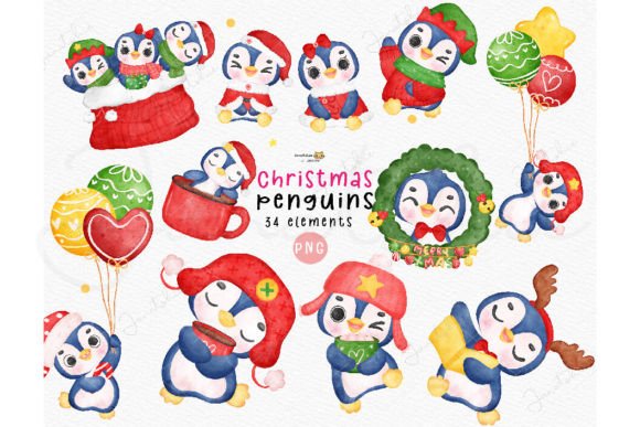 Christmas Penguin Clipart Watercolor for Illustrations