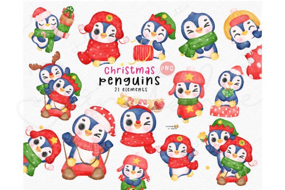 Christmas Penguin Clipart Watercolor Png for Illustrations
