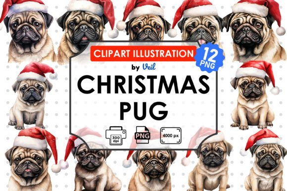 Christmas Pug Clipart Sublimation for Illustrations