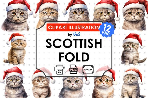 Christmas Scottish Fold Clipart Bundle for Modern Illustrations