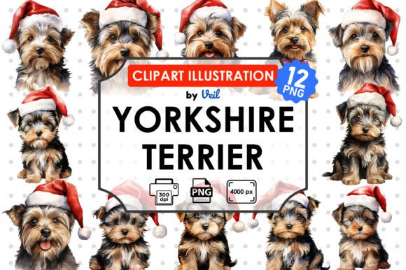 Christmas Yorkshire Terrier Clipart for Modern Illustrations