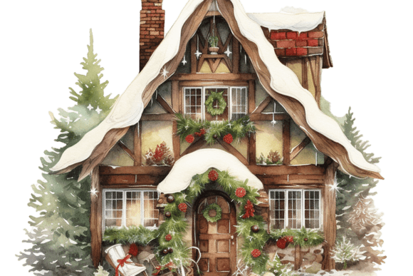 Cozy Christmas House Illustration PNG for Seasonal Content