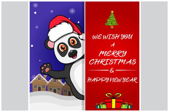 Merry Christmas Card with Cute Panda Illustrations