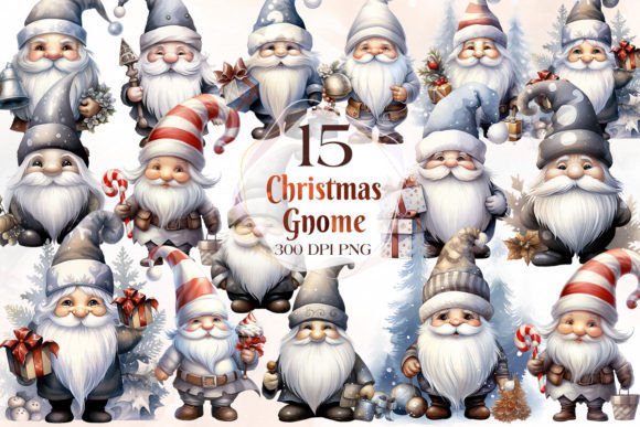 Silver Christmas Gnome Clipart Bundle for Illustrations