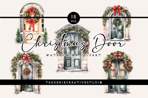 Watercolor Christmas Door PNG Clipart for Illustrations