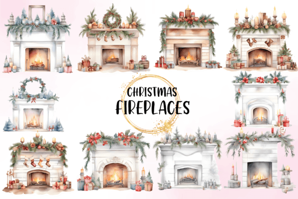 Watercolor Christmas Fireplace Clipart for Modern Illustrations