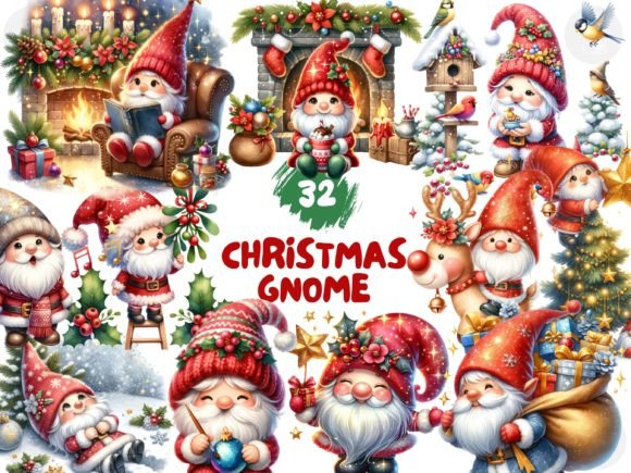 Watercolor Cute Christmas Santa Gnomes Illustrations