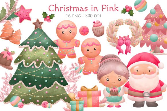 Watercolour Christmas in Pink Decoration for Modern Illustrations