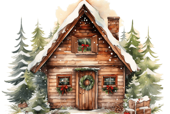 Winter Christmas House Illustration PNG for Crafting